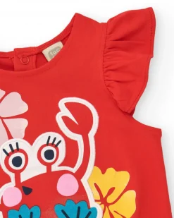 T-shirt rouge pour fille avec imprimé de crabe et volants