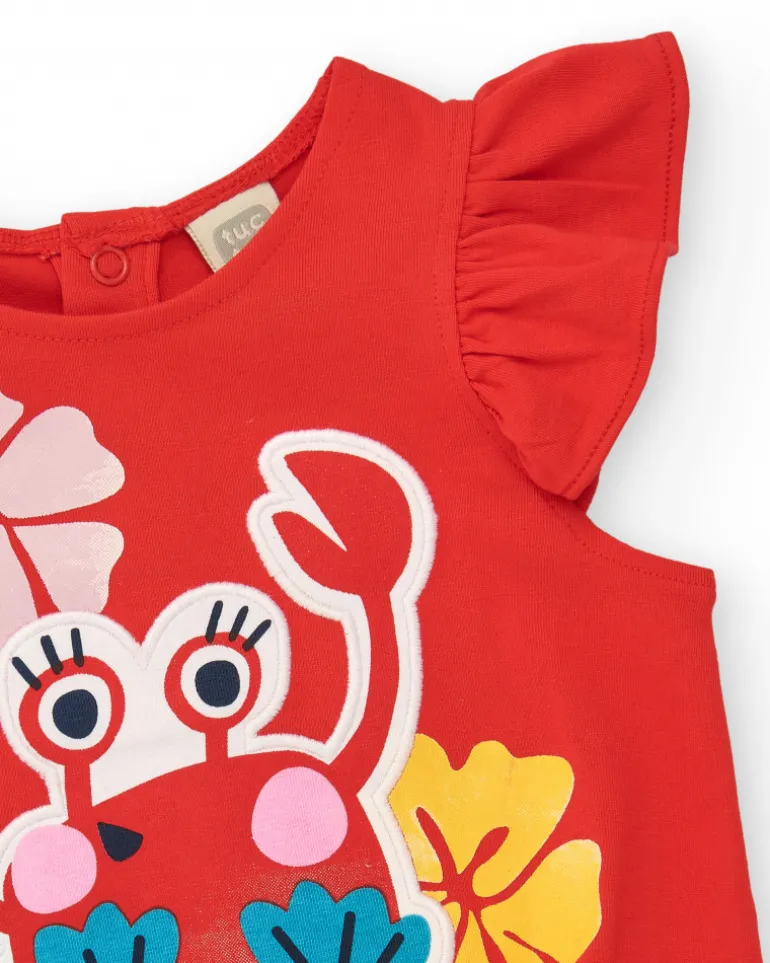 T-shirt rouge pour fille avec imprimé de crabe et volants