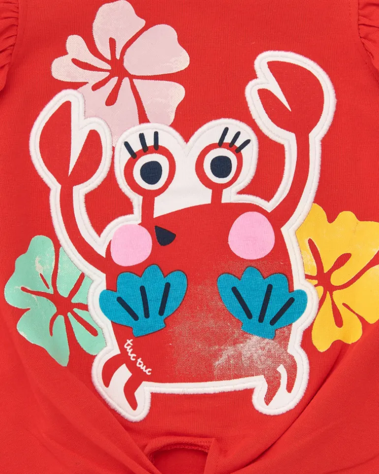 T-shirt rouge pour fille avec imprimé de crabe et volants