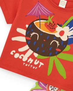 T-shirt rouge pour fille avec imprimé tropical de noix de coco et fruits