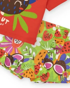 T-shirt rouge pour fille avec imprimé tropical de noix de coco et fruits