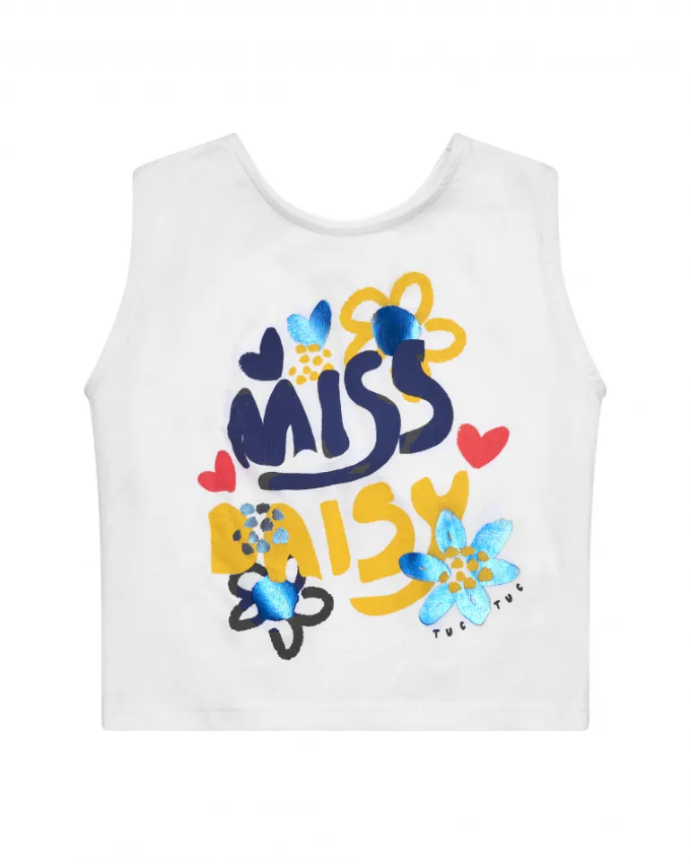 T-shirt sans manches blanc pour fille avec phrase "MISS DAISY"