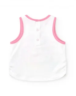 T-shirt sans manches blanc pour fille avec bordures roses et boutons arrière