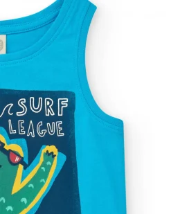 T-shirt sans manches bleu pour garçon avec imprimé de crocodile