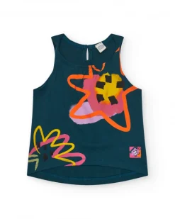 T-shirt sans manches vert pour fille avec imprimé et fermeture arrière