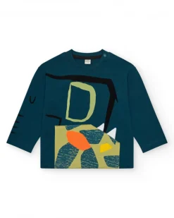 T-shirt vert à manches longues pour garçon avec imprimé animal et détails géométriques