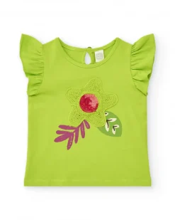T-shirt vert pour fille avec volants et fleur en crochet
