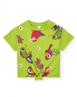 T-shirt vert pour fille avec perroquets, fleurs et nœud décoratif