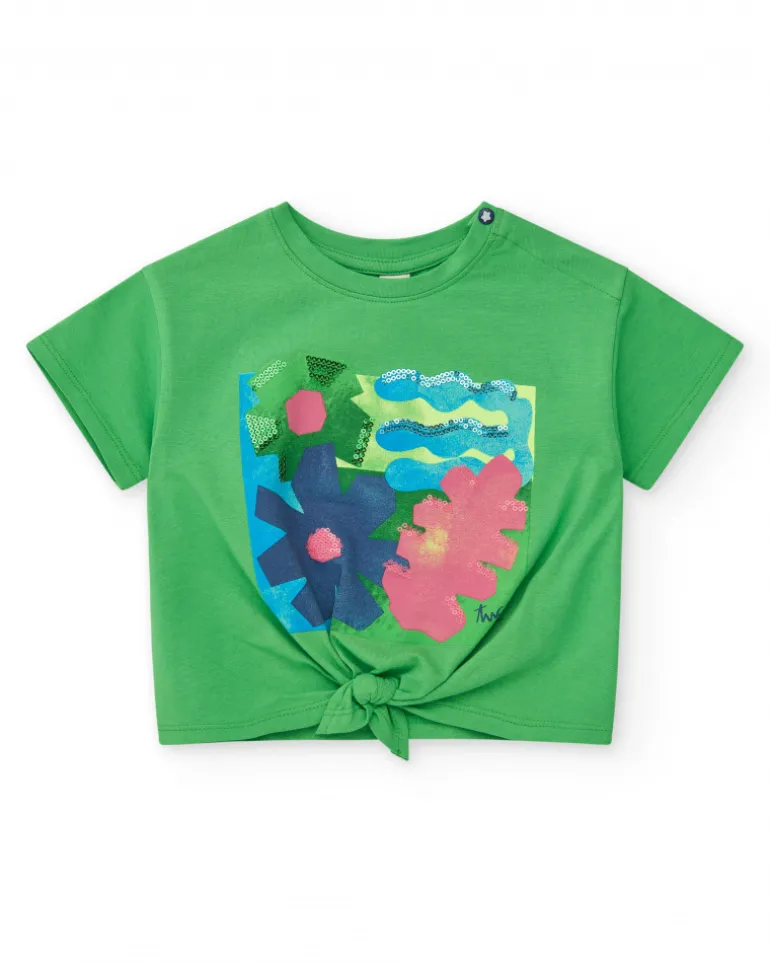 T-shirt vert pour fille avec imprimé et nœud décoratif