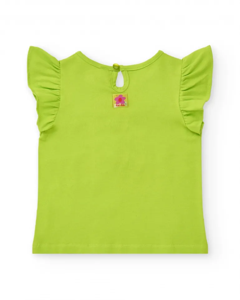 T-shirt vert pour fille avec volants et fleur en crochet