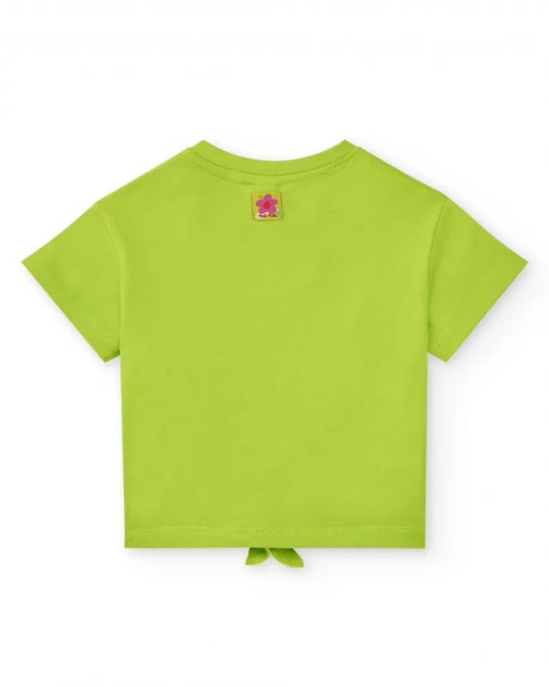 T-shirt vert pour fille avec perroquets, fleurs et nœud décoratif