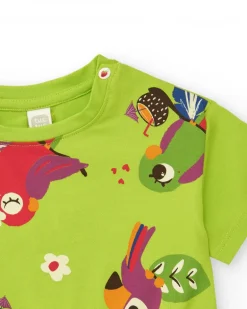 T-shirt vert pour fille avec perroquets, fleurs et nœud décoratif