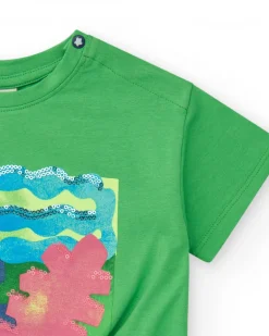 T-shirt vert pour fille avec imprimé et nœud décoratif