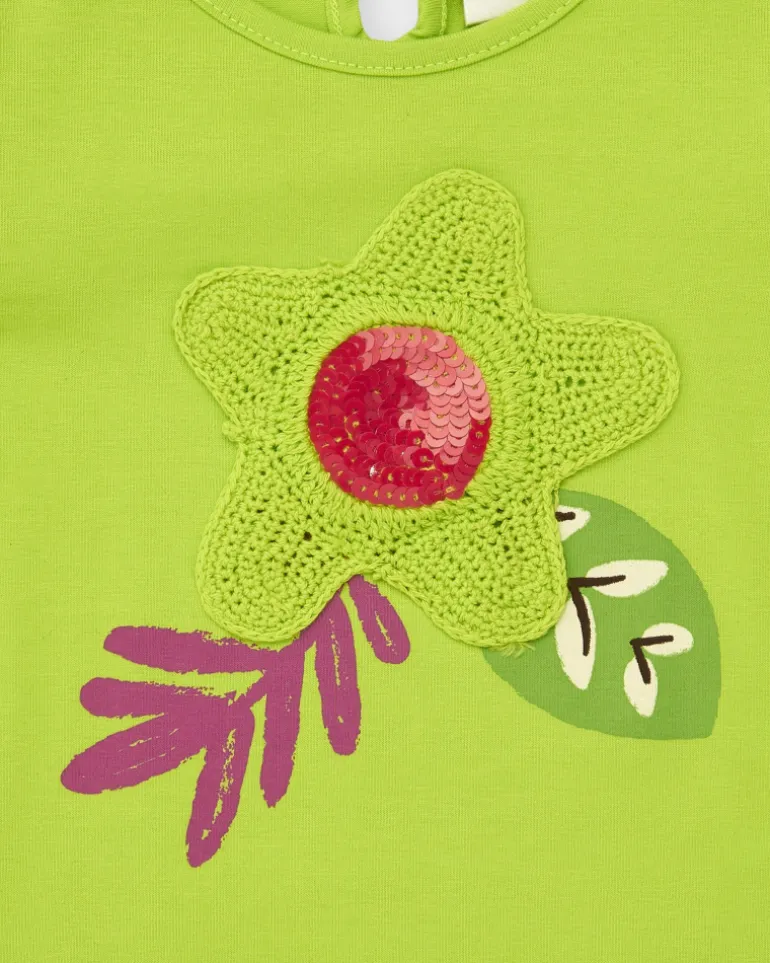 T-shirt vert pour fille avec volants et fleur en crochet