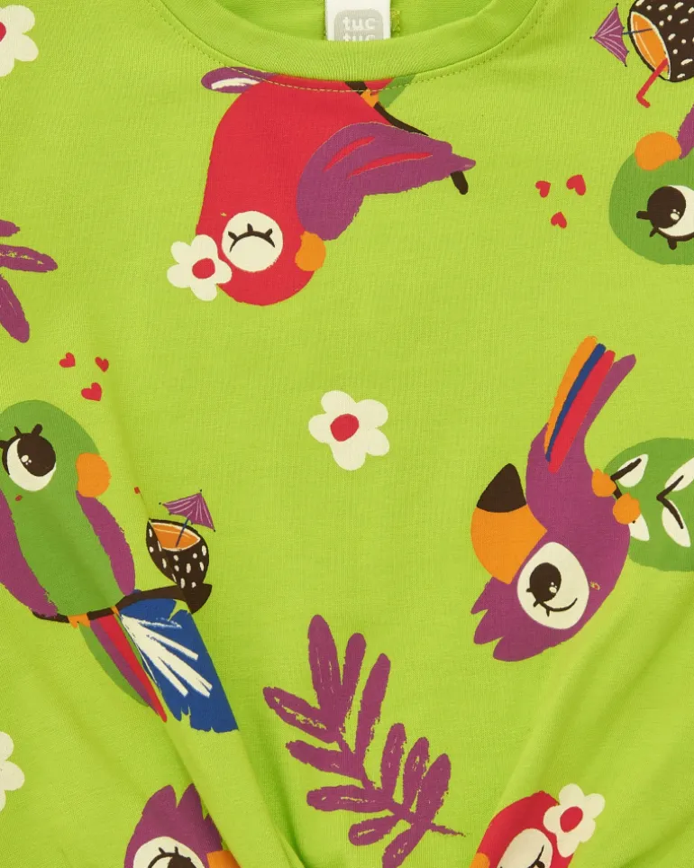 T-shirt vert pour fille avec perroquets, fleurs et nœud décoratif