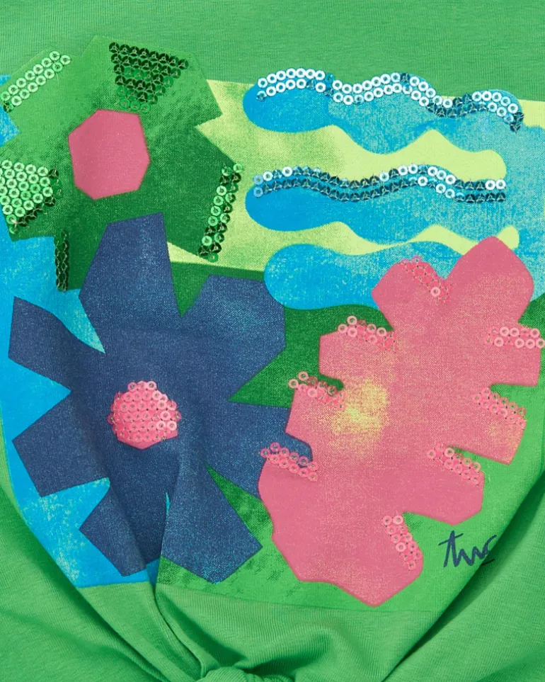 T-shirt vert pour fille avec imprimé et nœud décoratif