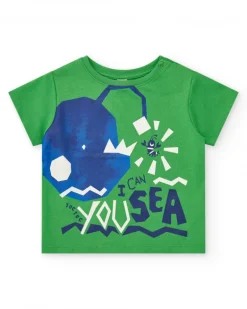 T-shirt vert pour garçon avec requin et formes géométriques