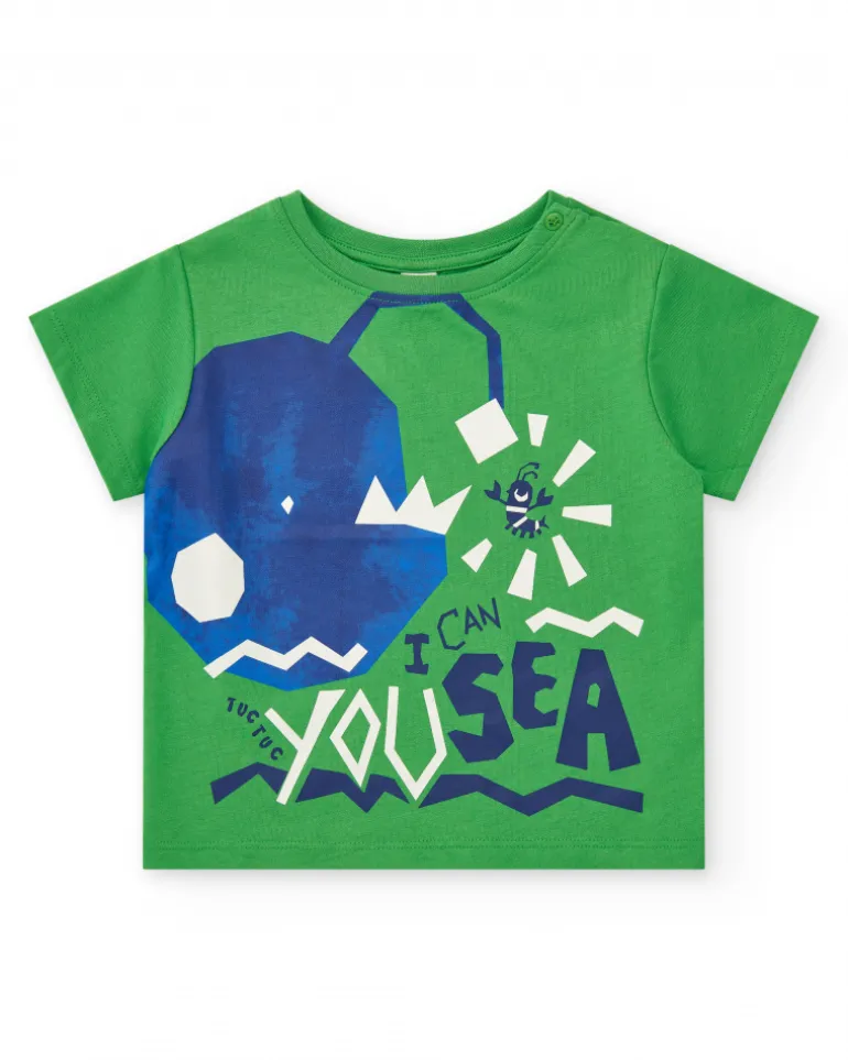 T-shirt vert pour garçon avec requin et formes géométriques