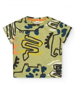 T-shirt vert pour garçon avec imprimé d’animaux et détails bleus et oranges