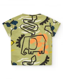 T-shirt vert pour garçon avec imprimé d’animaux et détails bleus et oranges