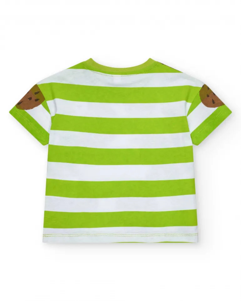 T-shirt vert pour garçon avec rayures et imprimé tropical