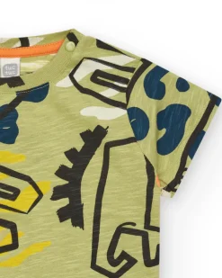 T-shirt vert pour garçon avec imprimé d’animaux et détails bleus et oranges