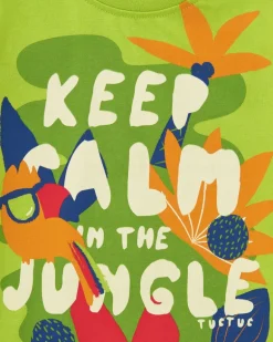T-shirt vert pour garçon avec phrase "Keep Calm in the Jungle"