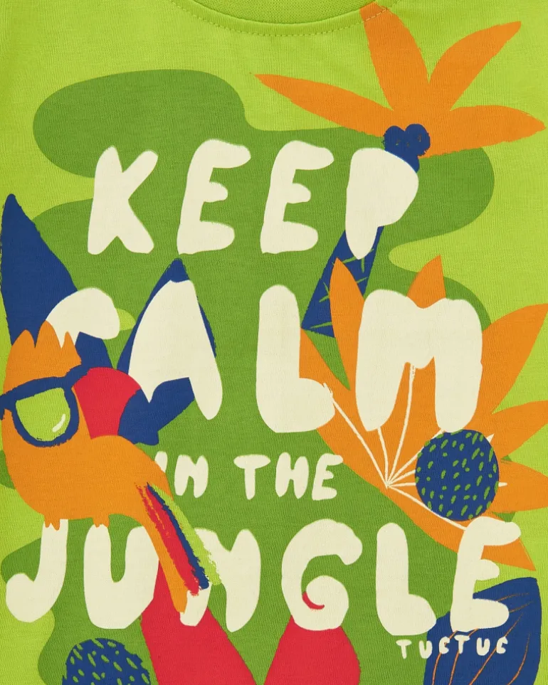 T-shirt vert pour garçon avec phrase "Keep Calm in the Jungle"