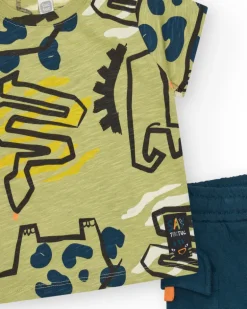 T-shirt vert pour garçon avec dinosaures et fermeture à l’