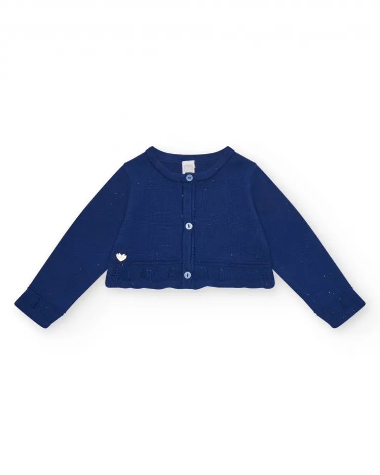 Veste bleu marine en tricot pour fille avec col rond et boutons