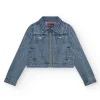 Veste en jean pour fille en bleu avec détails brillants et poches frontales