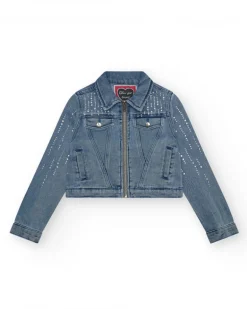 Veste en jean pour fille en bleu avec détails brillants et poches frontales