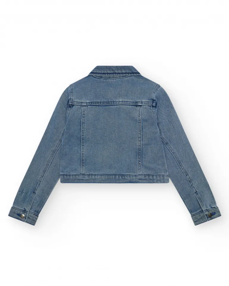 Veste en jean pour fille en bleu avec détails brillants et poches frontales