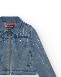 Veste en jean pour fille en bleu avec détails brillants et poches frontales
