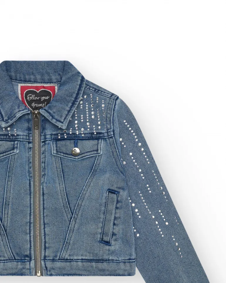 Veste en jean pour fille en bleu avec détails brillants et poches frontales