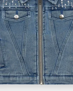 Veste en jean pour fille en bleu avec détails brillants et poches frontales