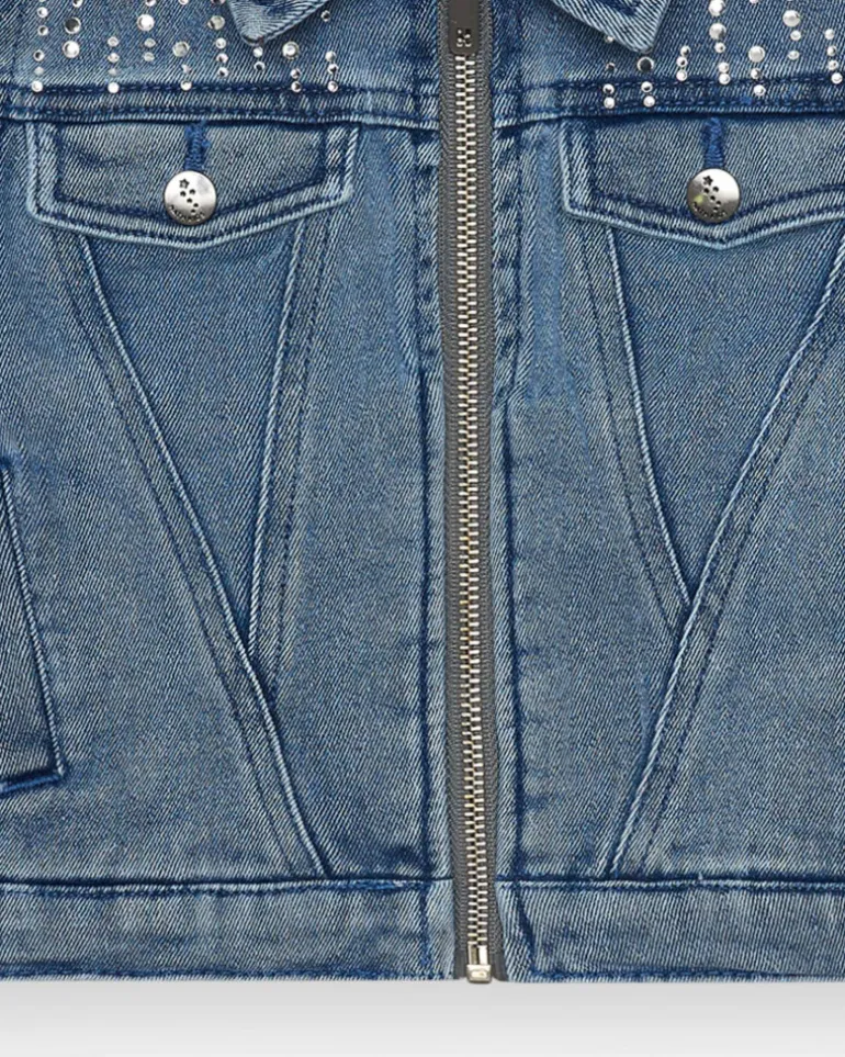 Veste en jean pour fille en bleu avec détails brillants et poches frontales
