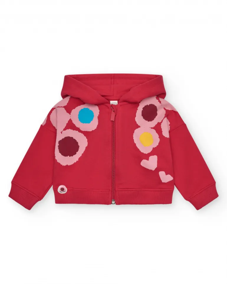 Veste en peluche pour fille en rouge avec un imprimé floral et une capuche Happy Garden