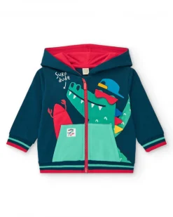 Veste en polaire bleu marine pour garçon avec capuche rouge et crocodile imprimé