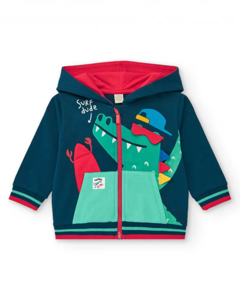 Veste en polaire bleu marine pour garçon avec capuche rouge et crocodile imprimé