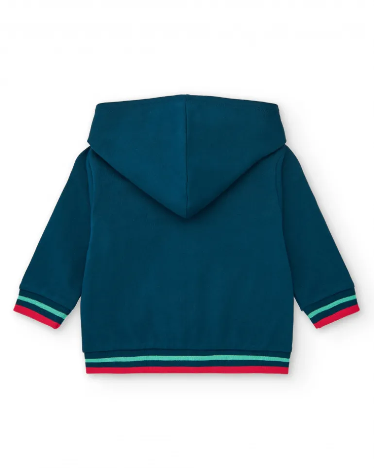 Veste en polaire bleu marine pour garçon avec capuche rouge et crocodile imprimé