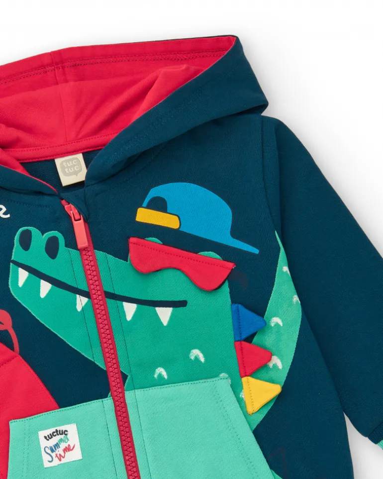 Veste en polaire bleu marine pour garçon avec capuche rouge et crocodile imprimé