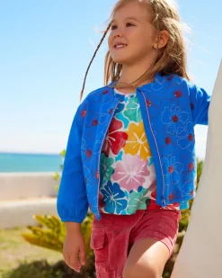 Veste en polaire bleue pour fille avec fleurs brodées et fermeture éclair