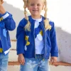 Veste en polaire bleue pour fille avec appliques de fleurs et fermeture éclair