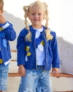 Veste en polaire bleue pour fille avec appliques de fleurs et fermeture éclair