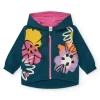 Veste en polaire bleue pour fille avec fermeture éclair rose et imprimé coloré
