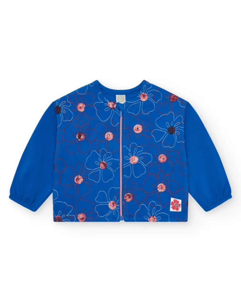 Veste en polaire bleue pour fille avec fleurs brodées et fermeture éclair