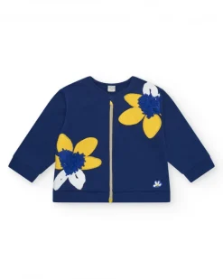 Veste en polaire bleue pour fille avec appliques de fleurs et fermeture éclair