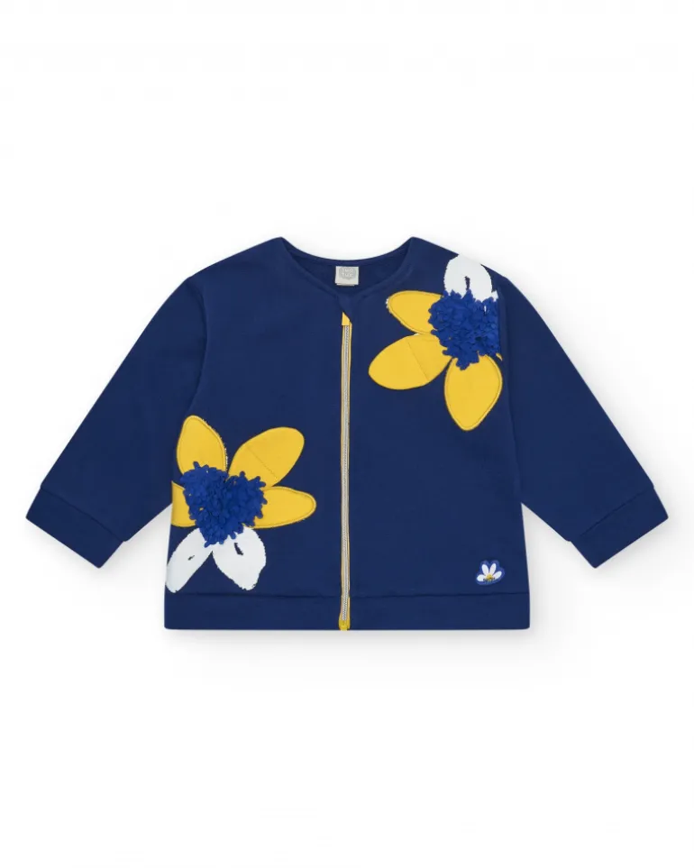 Veste en polaire bleue pour fille avec appliques de fleurs et fermeture éclair