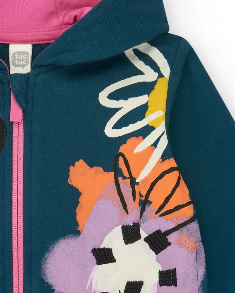 Veste en polaire bleue pour fille avec fermeture éclair rose et imprimé coloré